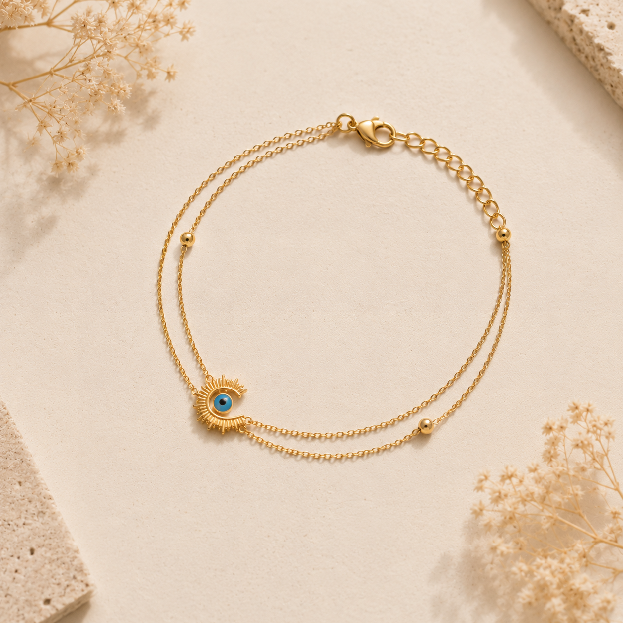18K Gold Plated Evil Eye Sun Charm Bracelet for Women | Dainty Protective Jewellery | Tasta