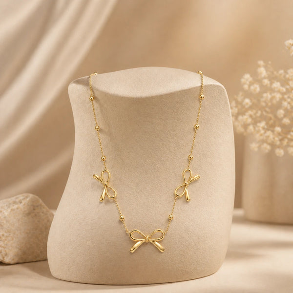 18K Gold Plated Dainty Bow Station Chain Necklace for Women | Layering Gift for Her | Tasta