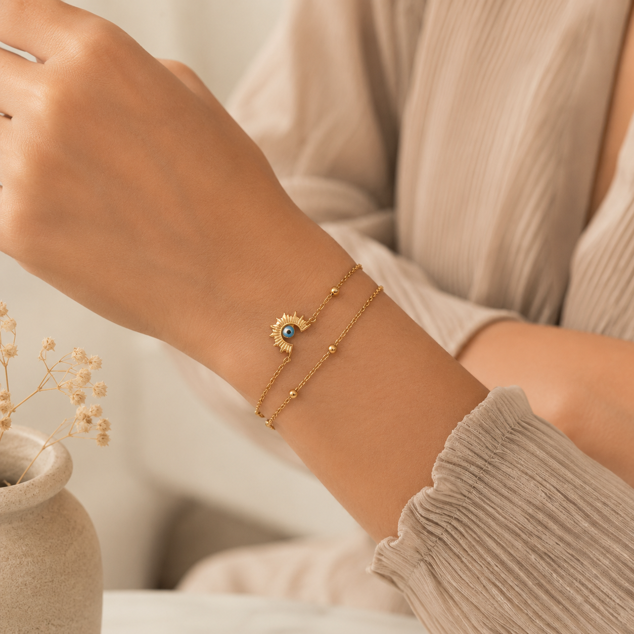 18K Gold Plated Evil Eye Sun Charm Bracelet for Women | Dainty Protective Jewellery | Tasta