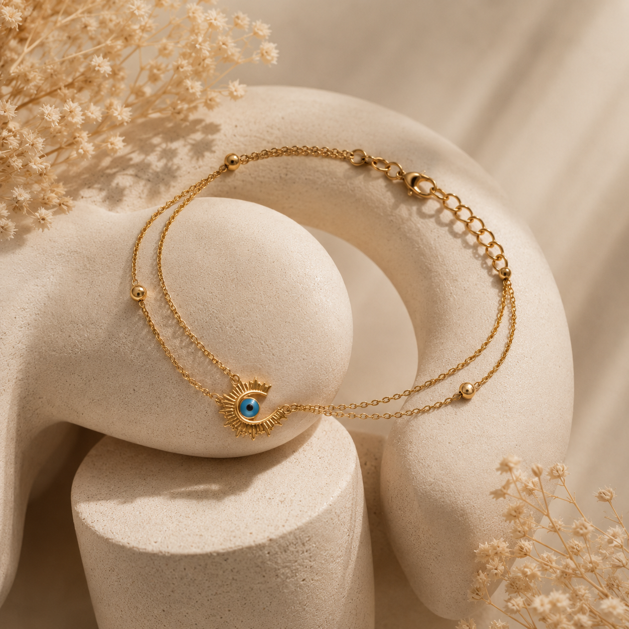 18K Gold Plated Evil Eye Sun Charm Bracelet for Women | Dainty Protective Jewellery | Tasta